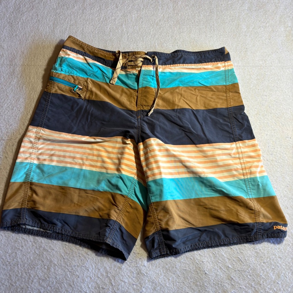 Patagonia Mens Striped Board Shorts Size‎ 33 Brown Teal Orange Swim Trunks
